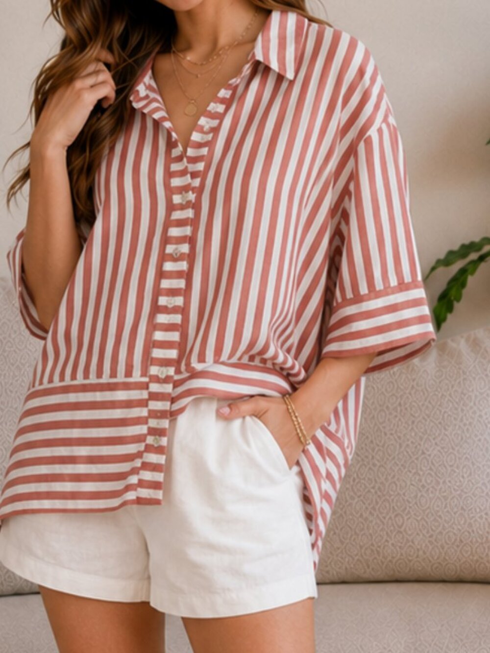 Jane + Delancey Coral White Striped Rayon Button Down Shirt Oversized M